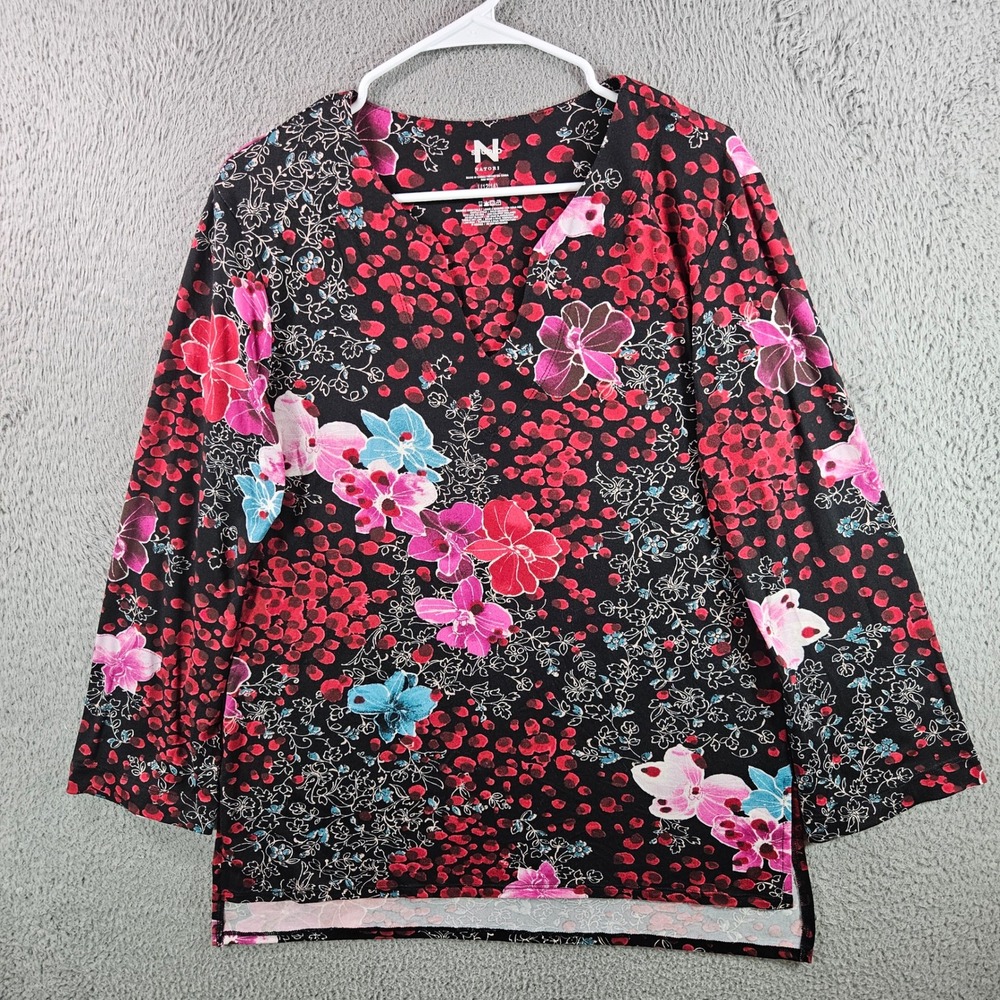 Natori Studio Women's L Black Floral Print V Neck 3/4 Sleeve Top Tunic